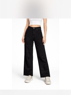 Oat New York Black High Waist Wide Leg Pants Frayed Hem